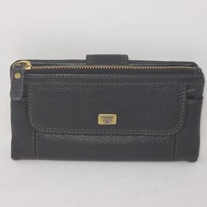 Fossil Women's Pebbled Cow Hide Black Leather Clutch Wallet Zip & Snap